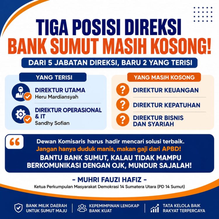 TIGA POSISI DIREKSI BANK SUMUT MASIH KOSONG, MUHRI: KOMISARIS JANGAN DIAM, BANTU SELESAIKAN